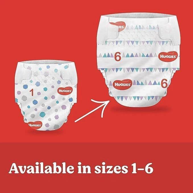 Huggies diapers in sizes 1-6 with colorful patterns on red background