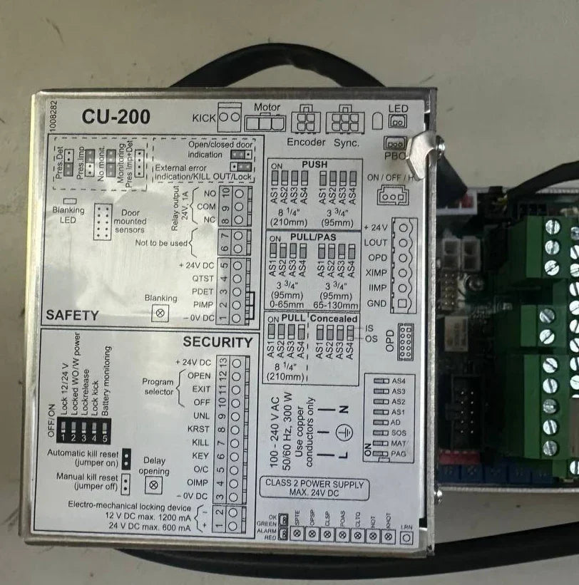 CU-200 control unit with safety, security, and encoder wiring labels for industrial equipment