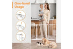 White baby safety gate with one-hand usage, shown in kitchen with mom, baby, and pets