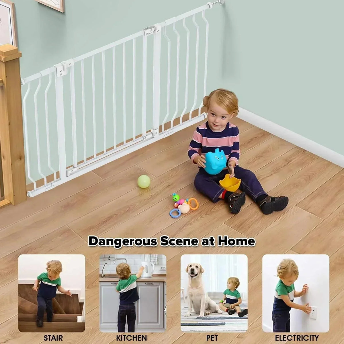 Child safety gate for stairs, kitchen, pets, and electricity hazards at home