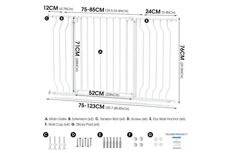 White baby safety gate with extensions, tension bolts, and wall anchors for secure installation