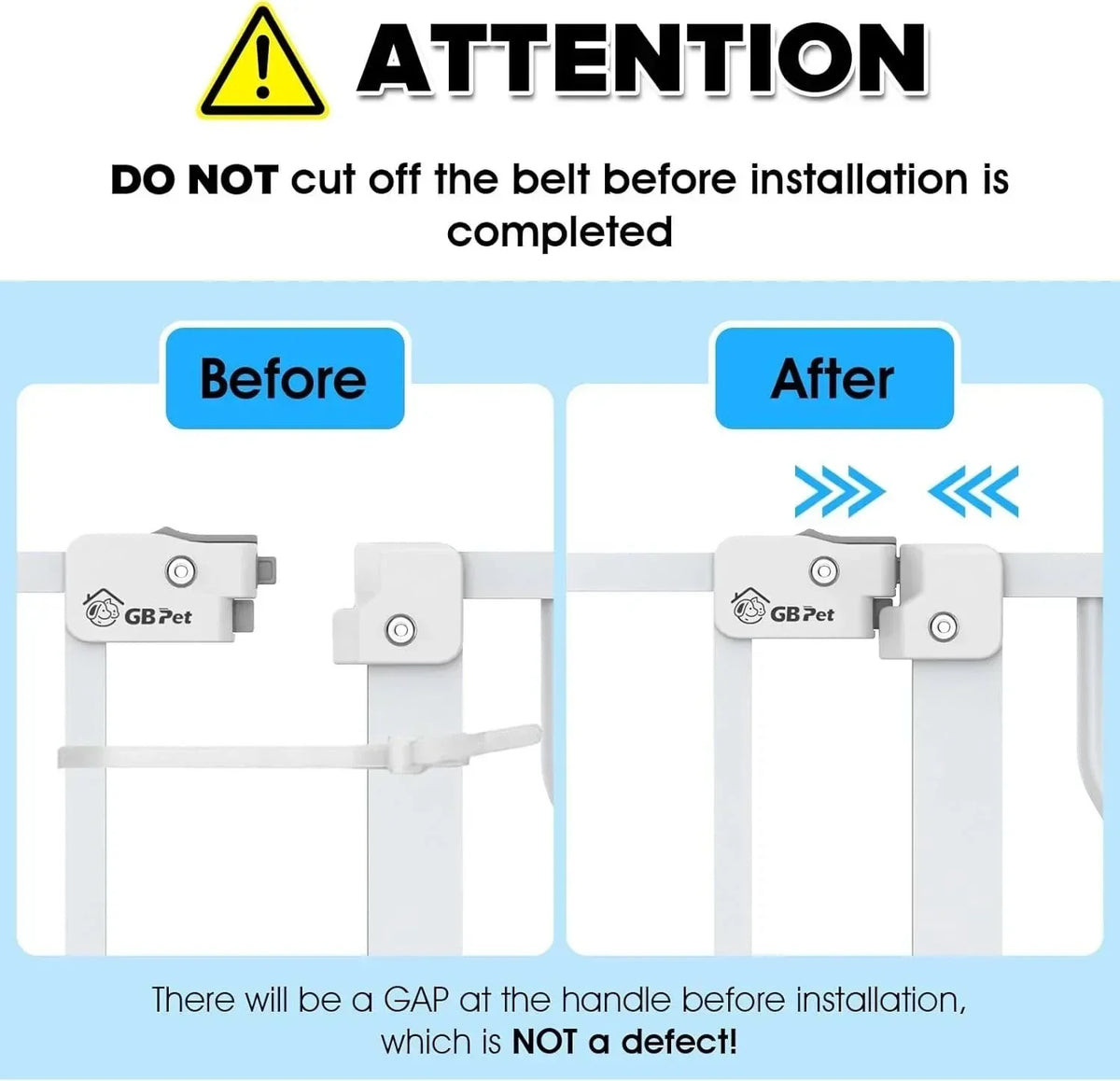 GBPet safety gate installation guide showing before and after setup with belt warning