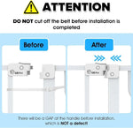 GBPet safety gate installation guide showing before and after setup with belt warning