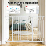 White pet safety gate with one-handed operation, installed in a home doorway