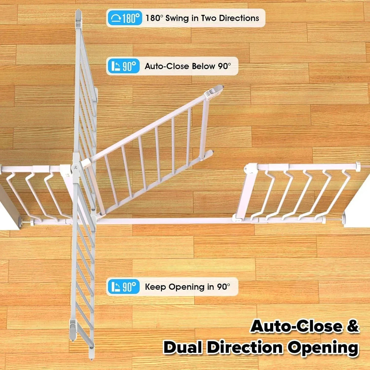 Auto-close dual direction baby gate with 180° swing and 90° keep opening feature on wooden floor
