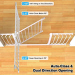 Auto-close dual direction baby gate with 180° swing and 90° keep opening feature on wooden floor