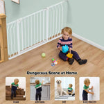 Child safety gate installed at stairs, protecting toddler from home hazards like kitchen, pets, and electricity