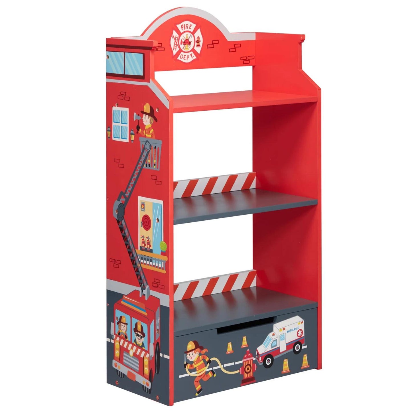 kids 3-Tier Bookshelf with Drawer Fantasy Fields Little Fire Fighters Safe