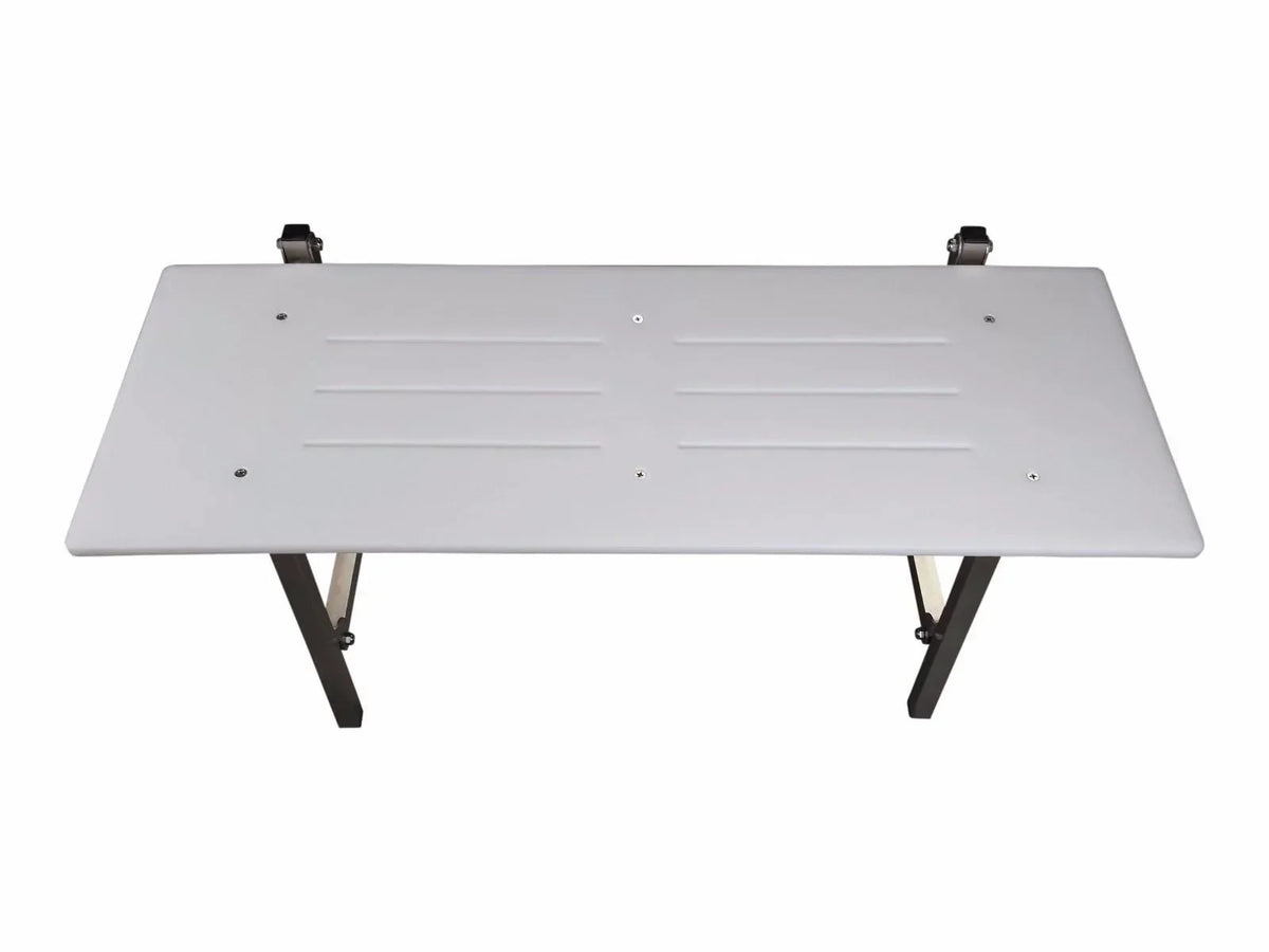 White folding table with black legs and wheels for office or workshop use