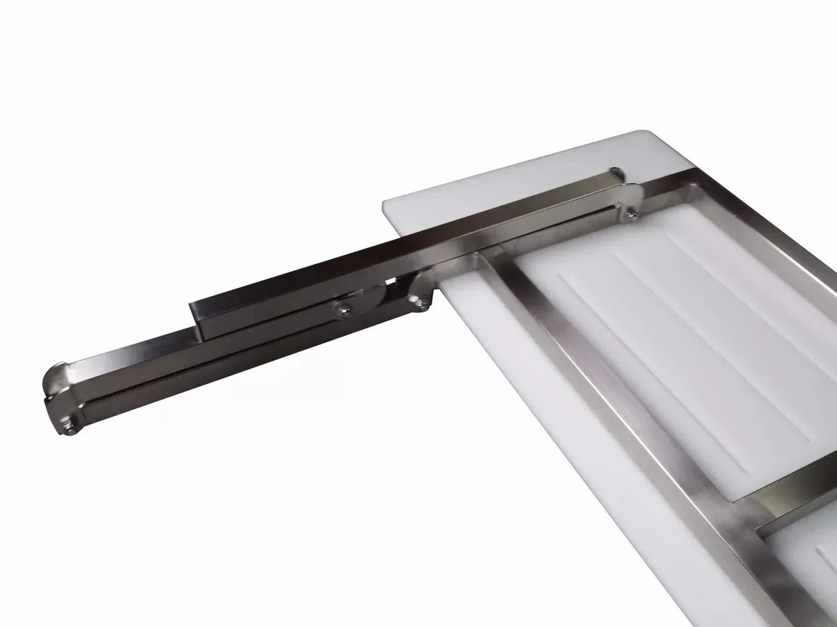Stainless steel drawer slide mechanism with white plastic tray, industrial hardware component