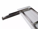Stainless steel drawer slide mechanism with white plastic tray, industrial hardware component