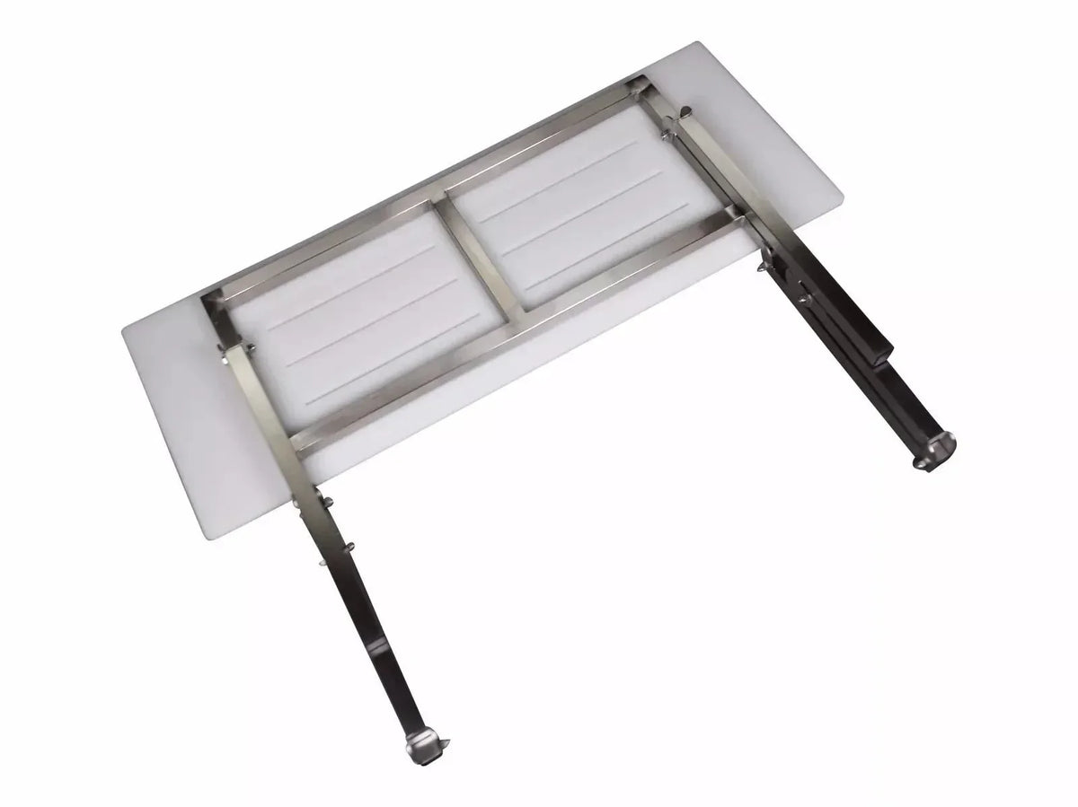 Stainless steel frame with white plastic cutting board, ideal for kitchen or workshop use