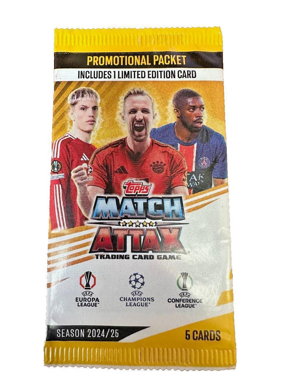 Topps Match Attax 2024/25 trading card pack with 5 cards, UEFA Champions League, Europa League, Conference League