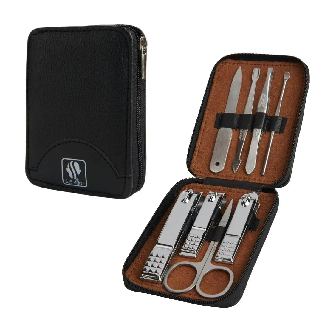 Skull Shaver 7-piece manicure set with nail clippers, scissors, and tools in black zip case