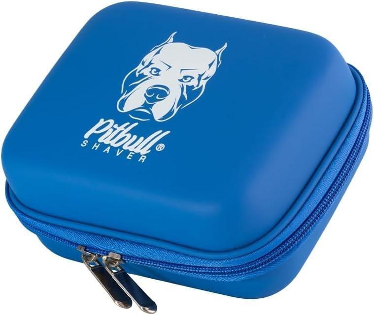 Blue Pitbull Shaver case with white dog logo and zipper