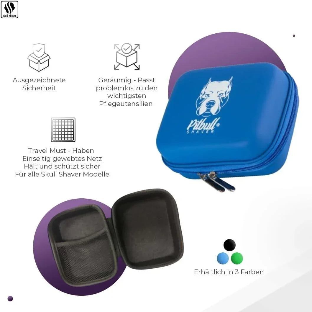 Blue Pitbull Shaver travel case with secure zipper and mesh compartments, available in 3 colors