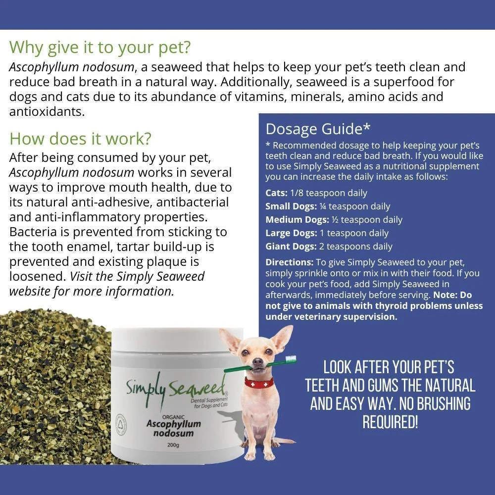 Simply Seaweed organic Ascophyllum nodosum dental supplement for dogs and cats, natural pet teeth cleaning
