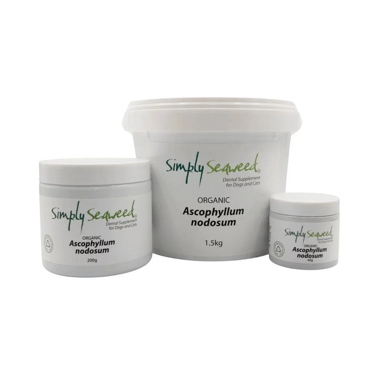 Simply Seaweed Organic Ascophyllum nodosum dental supplement for dogs and cats in 40g, 200g, and 1.5kg jars