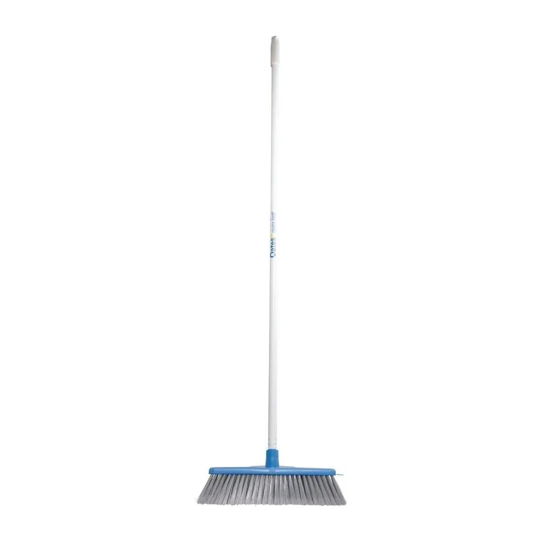 Blue and white industrial broom with long handle for commercial cleaning tasks