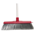 Red and white broom with gray bristles for cleaning floors