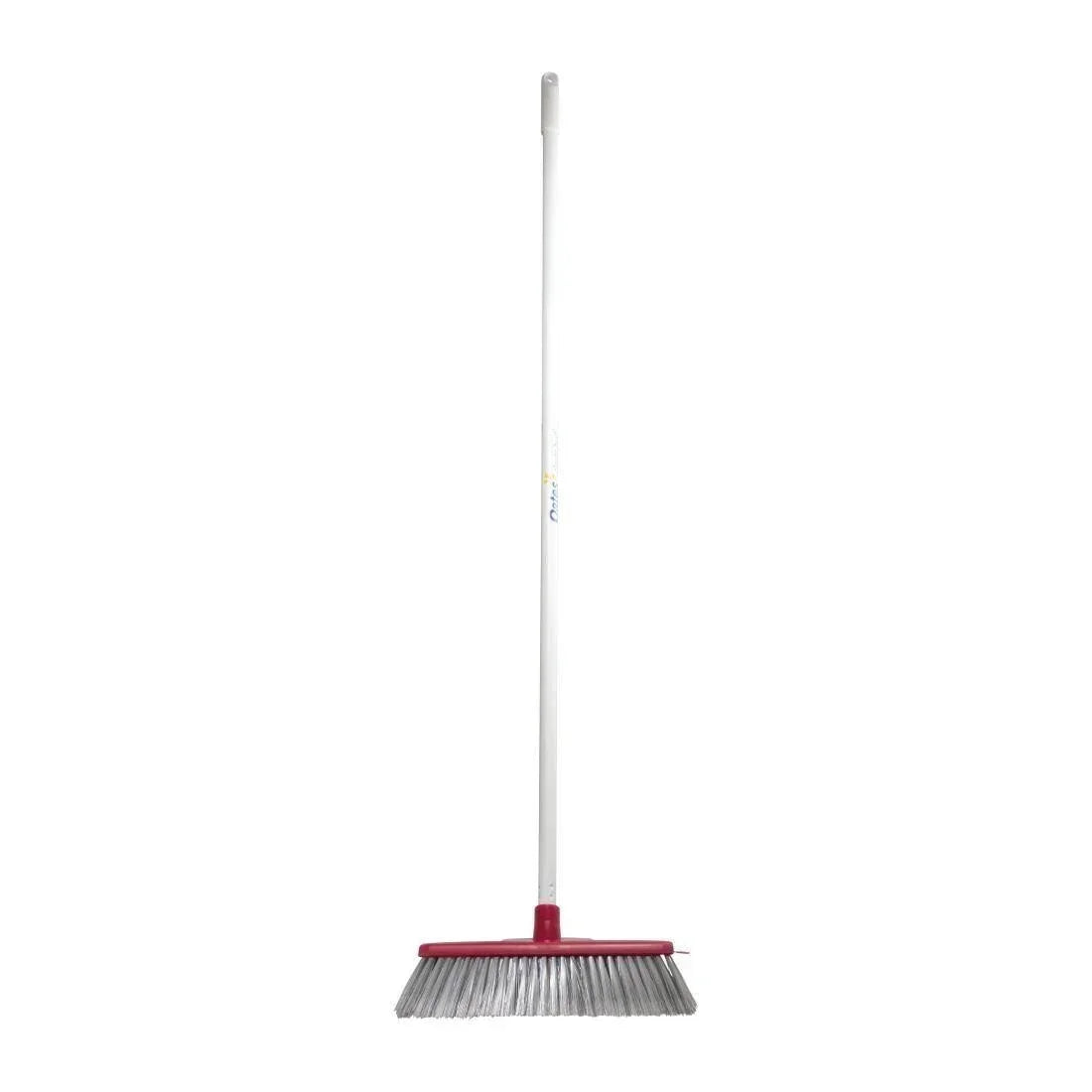 Red and white outdoor broom with long handle for sweeping driveways or patios