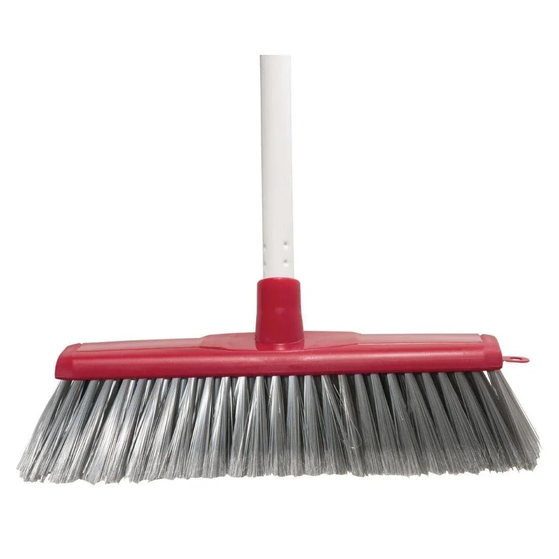 Red and white industrial broom with gray bristles for commercial cleaning