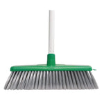 Green and white industrial broom with grey bristles for commercial cleaning