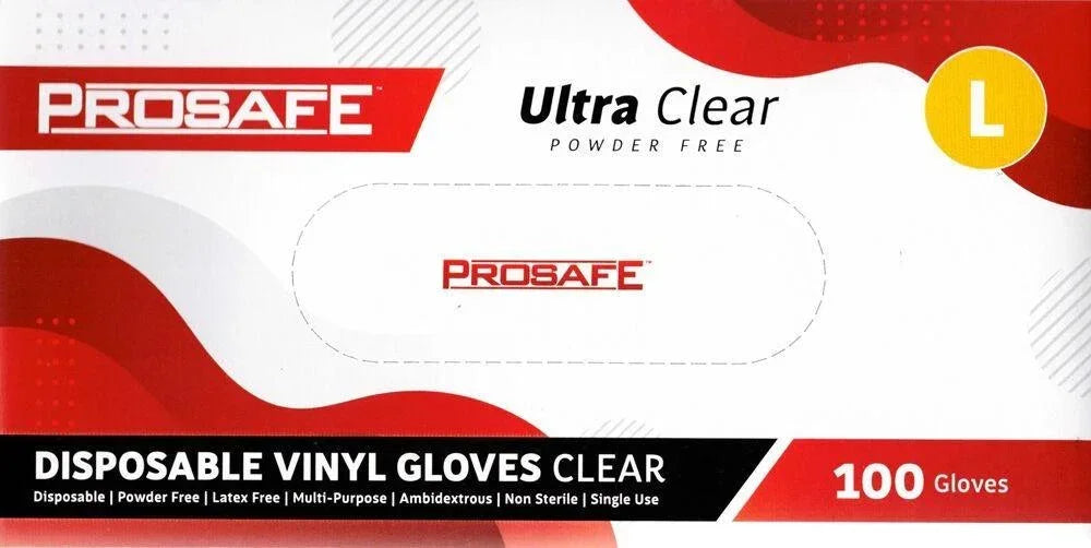 Prosafe Ultra Clear Powder Free Disposable Vinyl Gloves, Size L, 100 Count