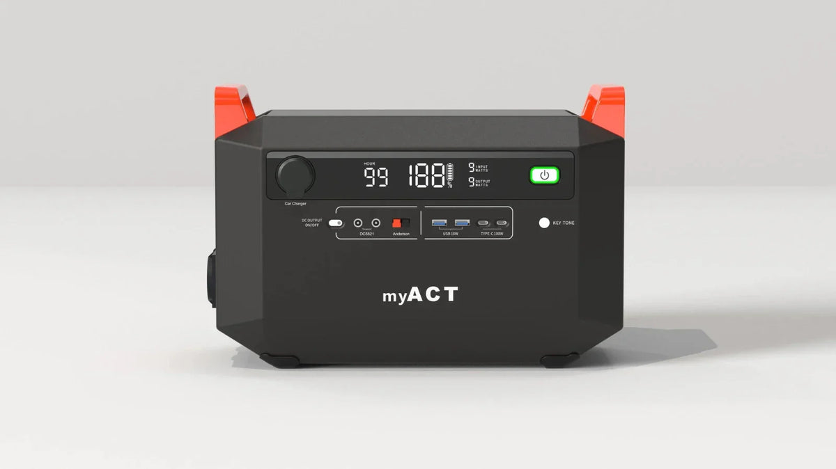myACT portable power station with digital display, USB-C, DC outputs, and car charger port