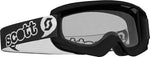 Scott brand snow goggles with black frame and clear lens, ideal for winter sports and outdoor activities
