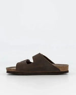 Brown leather slide sandal with cork footbed, casual summer footwear