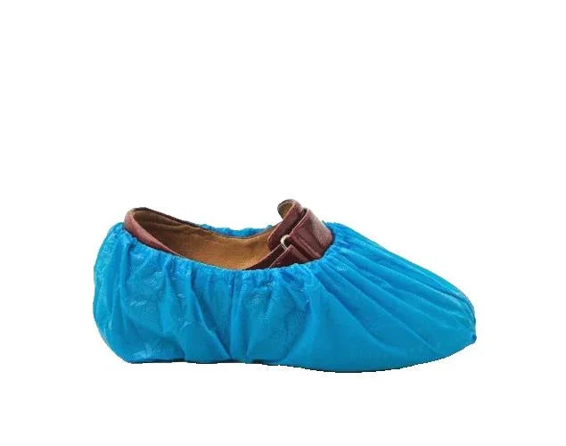 Blue disposable shoe cover over brown leather shoe for workwear protection