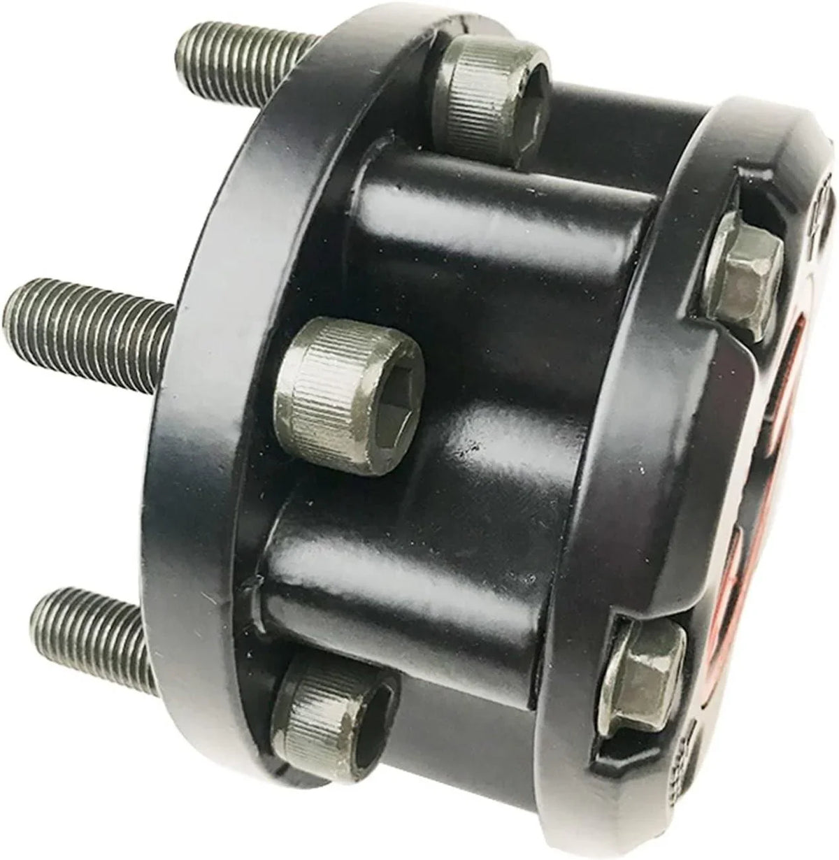 Black tractor PTO yoke with threaded shafts and hex bolts, heavy-duty farm equipment part