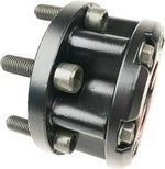 Black tractor PTO yoke with threaded shafts and hex bolts, heavy-duty farm equipment part