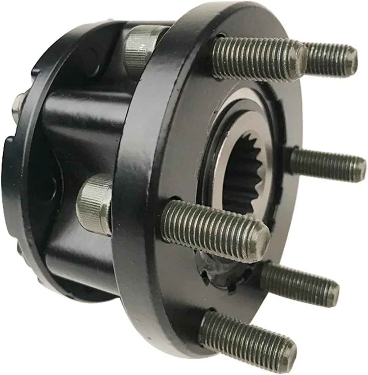 Black tractor wheel hub with threaded bolts and gear teeth, compatible with AGCO and EATON parts