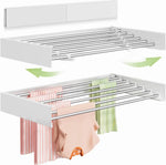 White pull-down closet organizer with stainless steel rods for hanging clothes, towels, or workwear