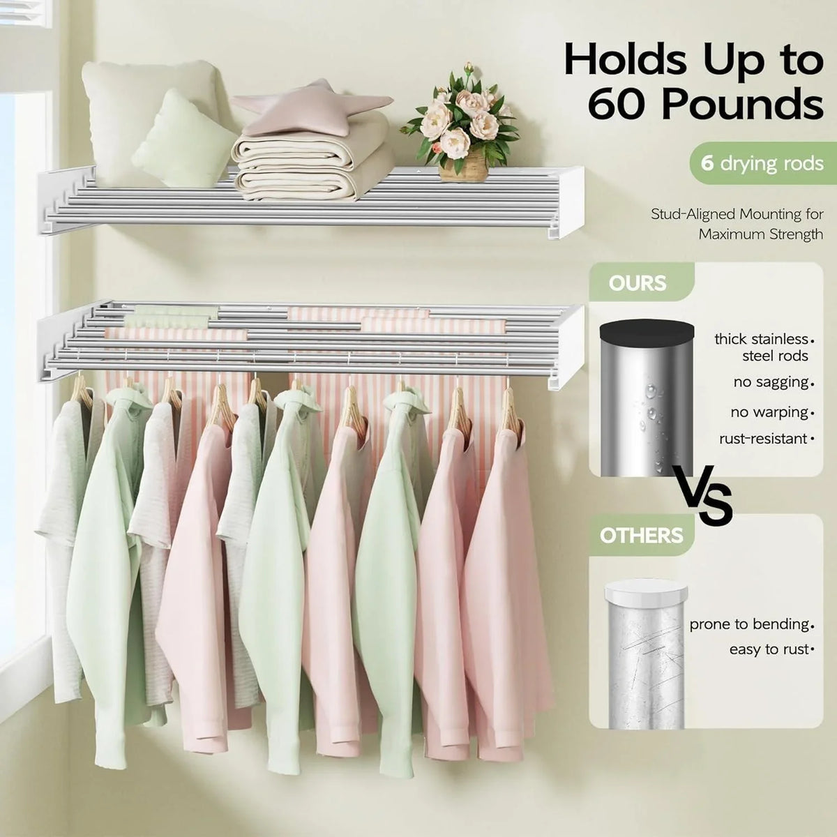Heavy-duty wall-mounted drying rack with 6 stainless steel rods, holds up to 60 lbs, ideal for clothes drying