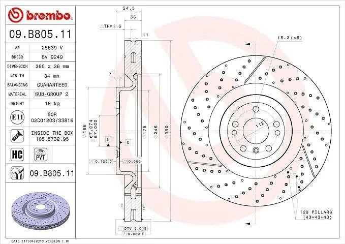 Brembo brake disc technical diagram with dimensions, 390mm diameter, 36mm thickness, 129 pillars, E11 certified