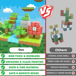 Minecraft-style building blocks comparison: ours vs others, highlighting non-toxic, clear print, rigid material, safe edges