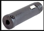 Black plastic pipe fitting with threaded end and slot, for plumbing or industrial use