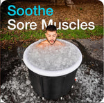 Man in black ice bath tub soothing sore muscles outdoors with ice cubes