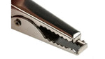 Metal alligator clip with serrated jaws for secure grip, ideal for electrical or workshop use.