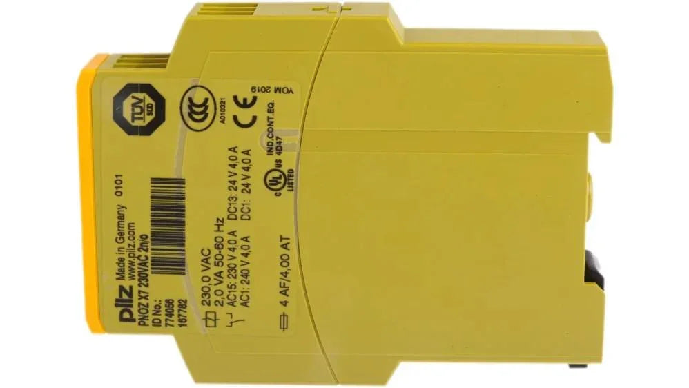 Pilz PNOZ XT safety relay, 230V AC, yellow industrial control component with TÜV and CE marks