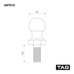 TAG UNT010 tow hitch ball mount technical diagram with 50mm diameter and 62mm height specs