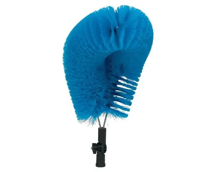 Blue feather duster with black handle for cleaning, dusting, and home maintenance tasks.