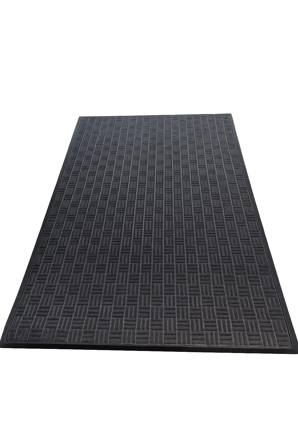Black textured rubber floor mat with woven pattern for industrial or commercial use