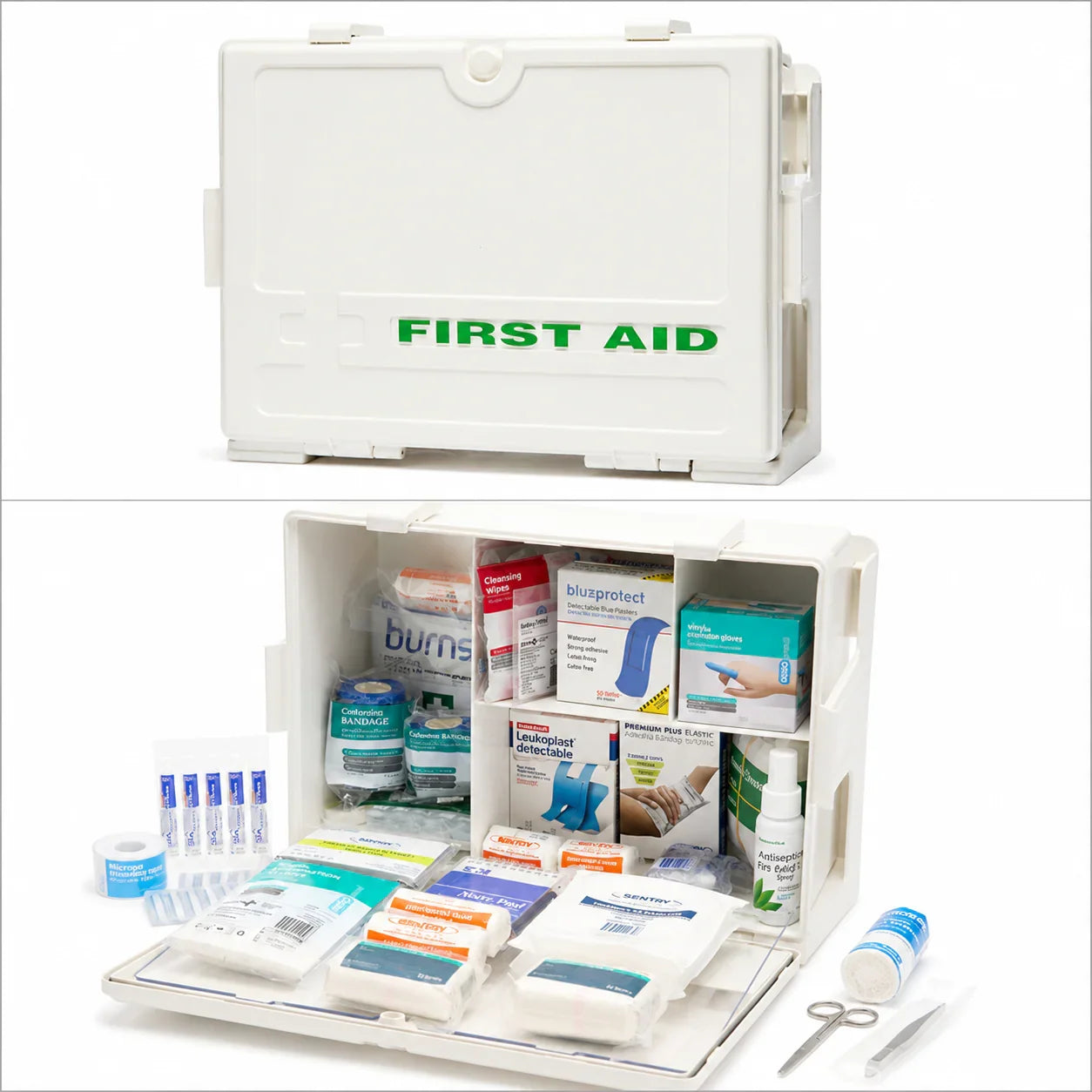 White first aid kit with organized medical supplies, bandages, gloves, and antiseptic spray for workplace safety