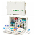 White first aid kit with organized medical supplies, bandages, gloves, and antiseptic spray for workplace safety