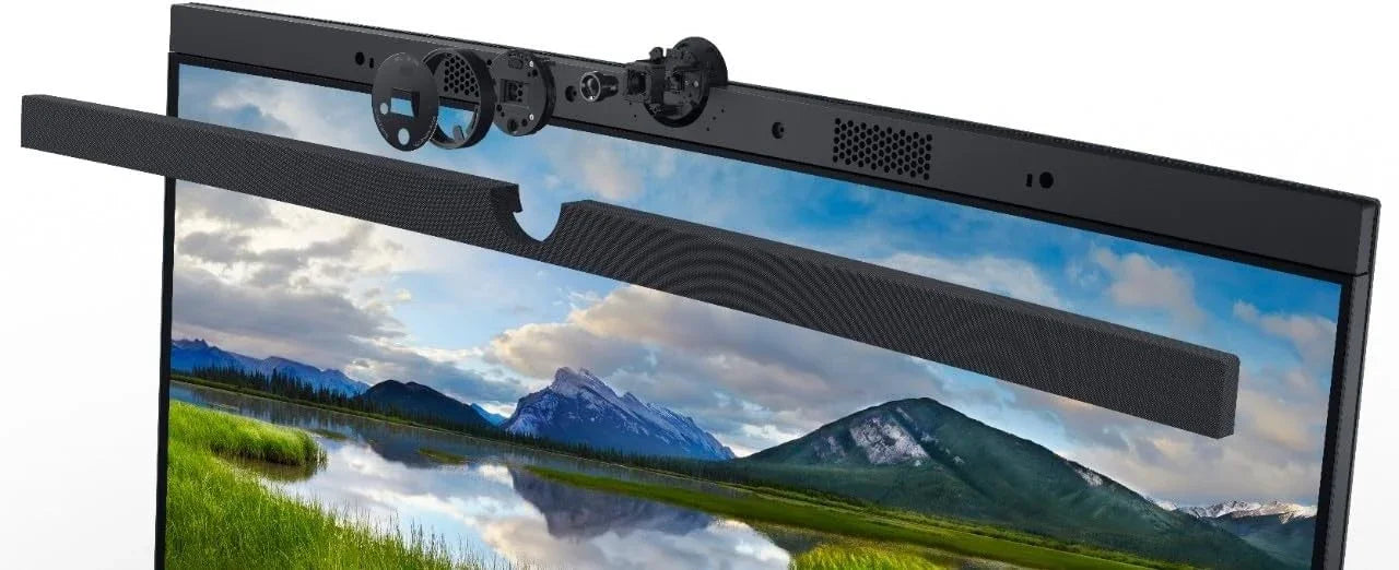 Black soundbar with mounting brackets for monitor, displaying mountain landscape