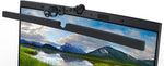 Black soundbar with mounting brackets for monitor, displaying mountain landscape
